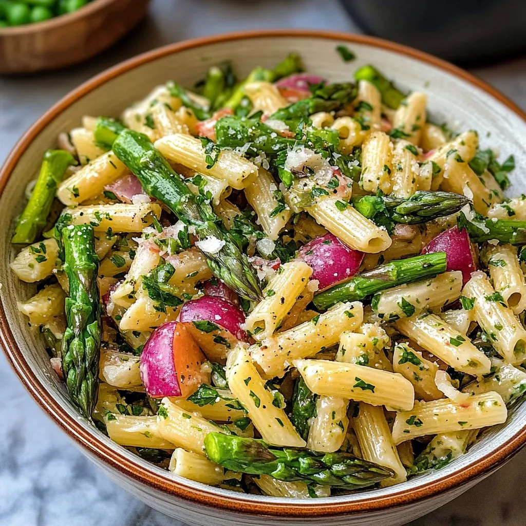 A bowl of pasta salad with asparagus and honey mustard dressing.