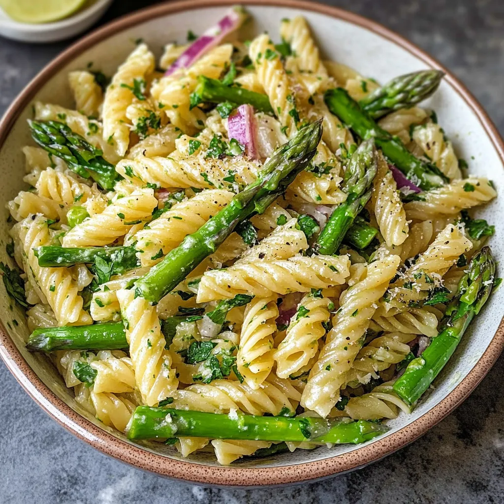 A bowl of pasta salad with asparagus and honey mustard dressing.