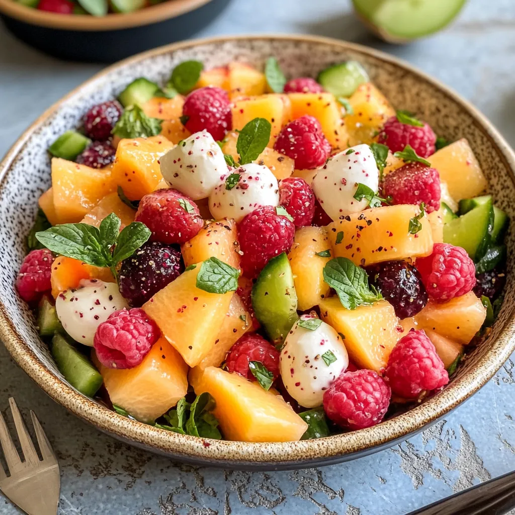 A bowl of fruit salad with melon, raspberries, and mint.