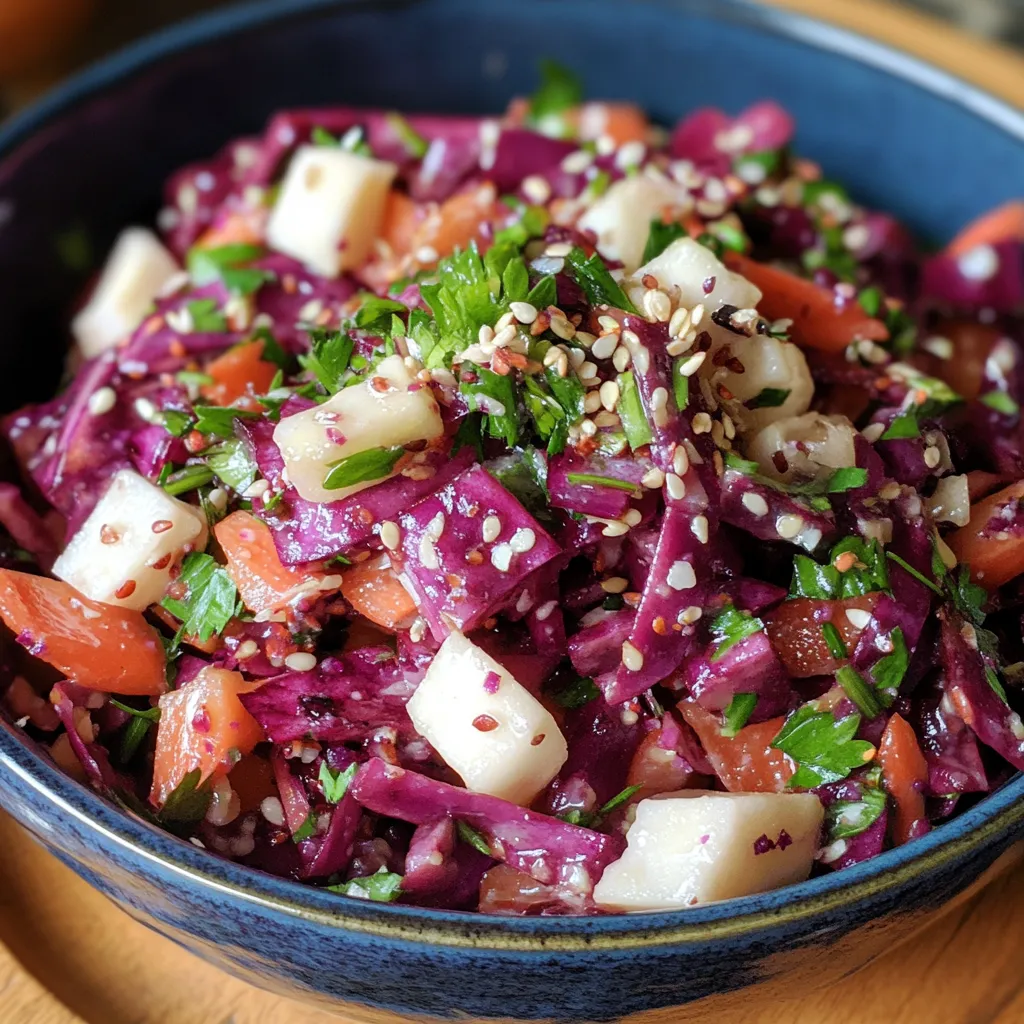 A bowl of red cabbage and buckwheat salad with feta.