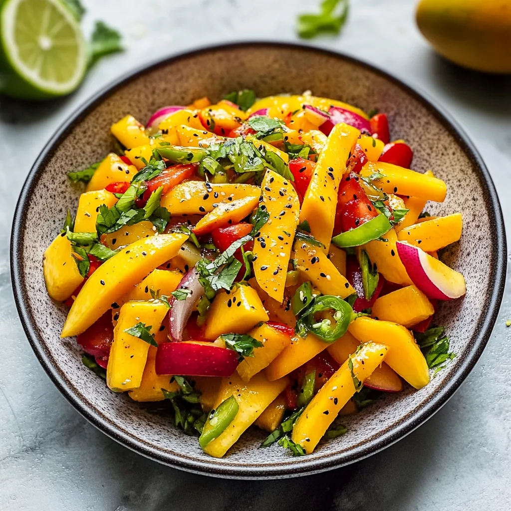 A bowl of mango salad with lime and cilantro.