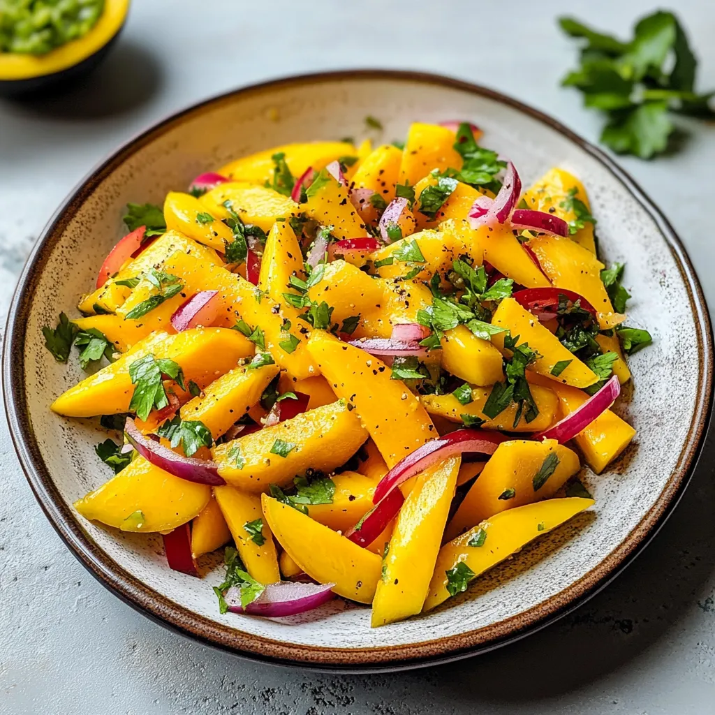 A bowl of mango salad with onions and peppers.