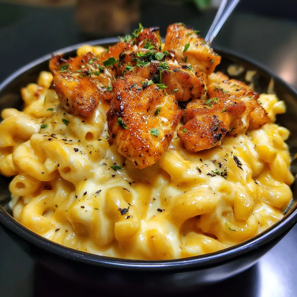 A bowl of creamy honey pepper chicken mac & cheese.