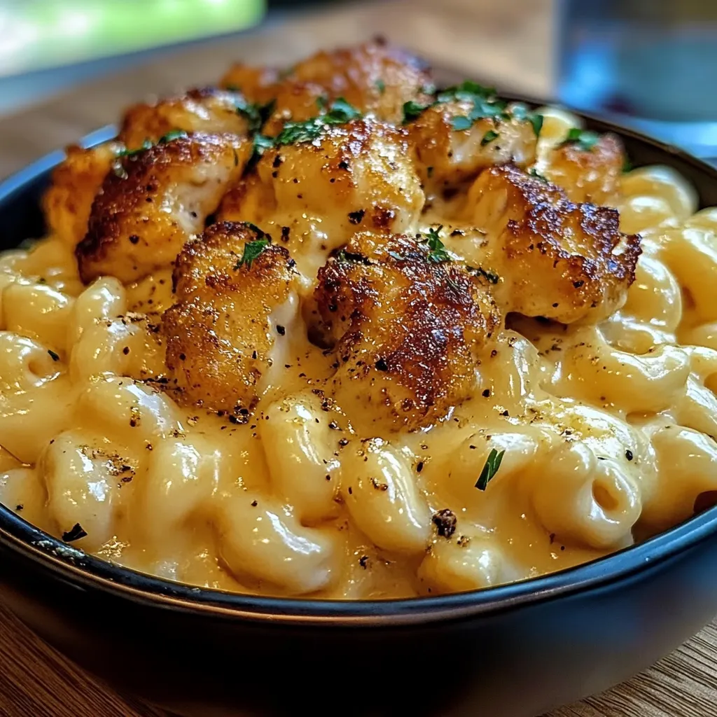 A bowl of creamy honey pepper chicken mac & cheese.