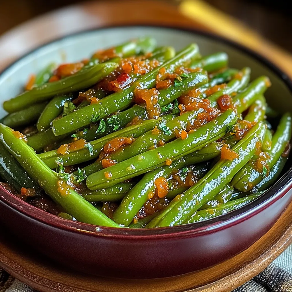 A plate of green beans with sauce.
