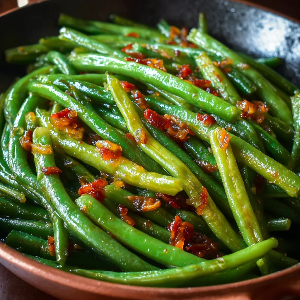 A bowl of green beans with bacon.