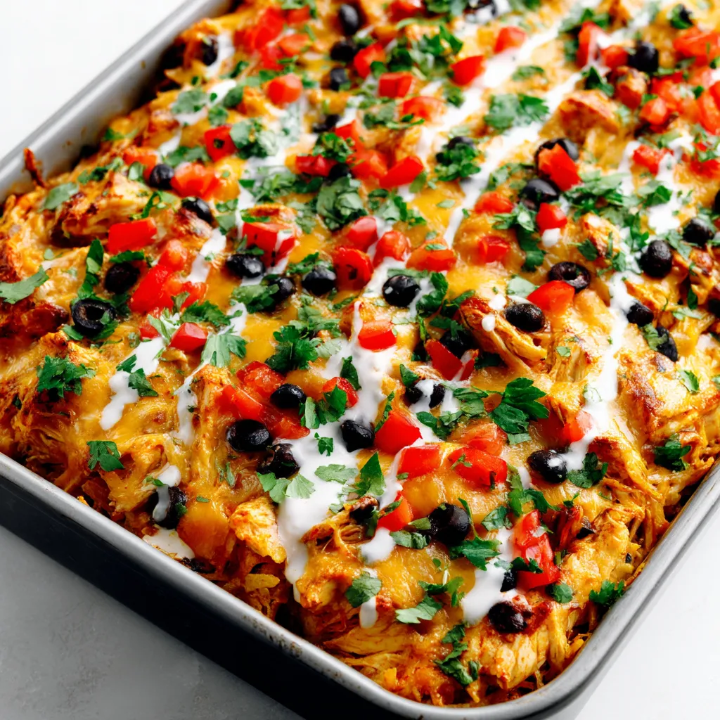 A pan of chicken burrito casserole with tomatoes, black olives, and cheese.