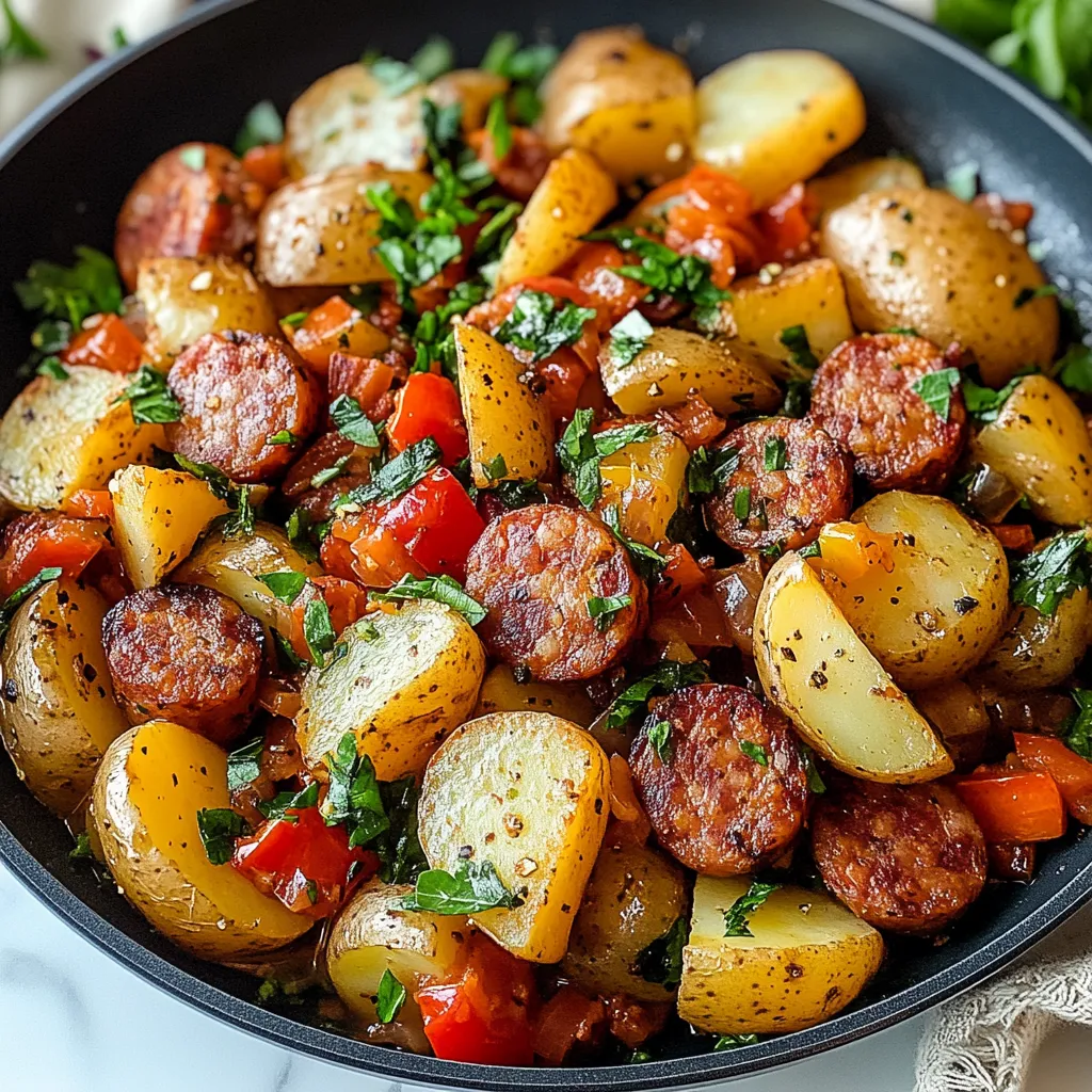 A skillet filled with sausage and potatoes.