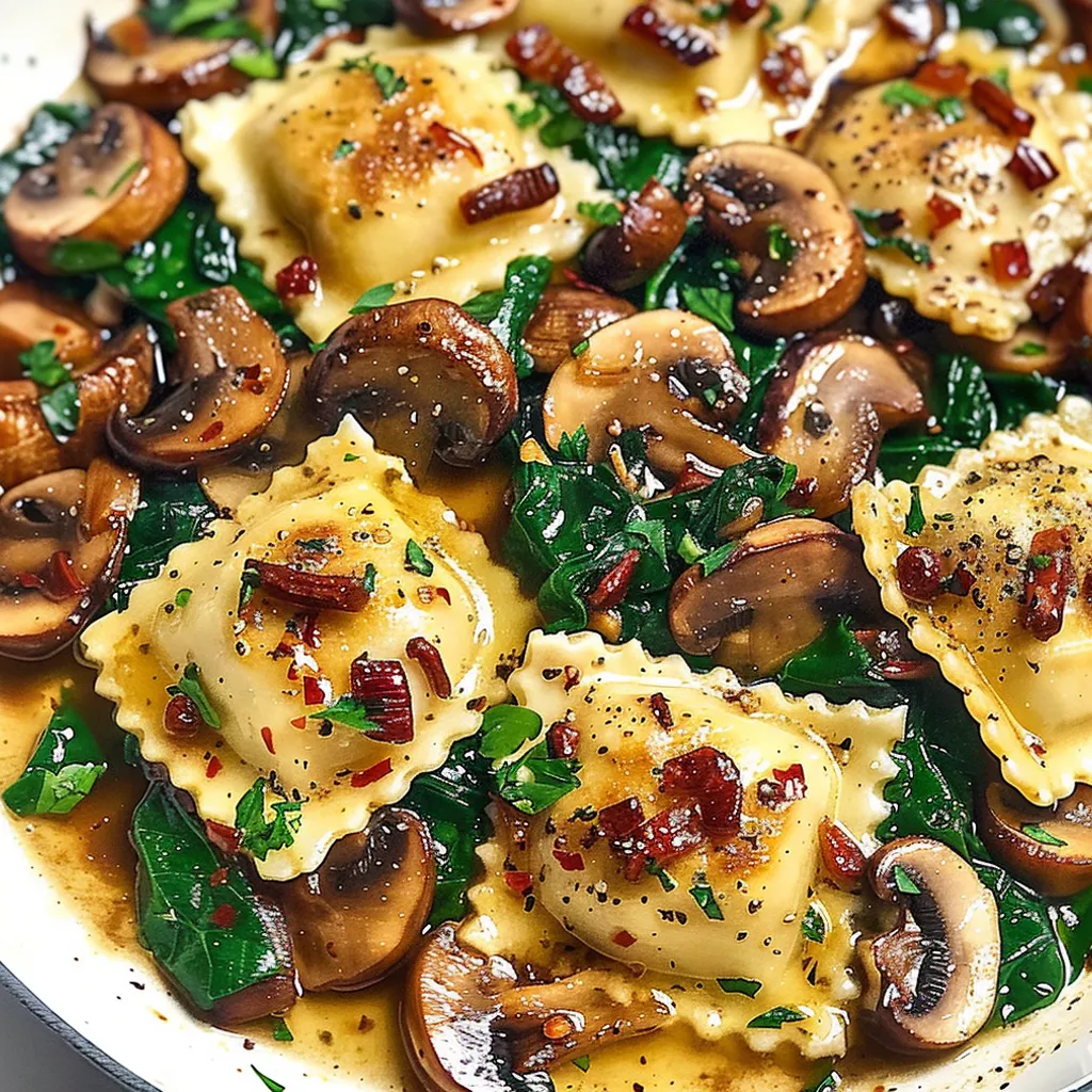A plate of mushroom ravioli with spinach.