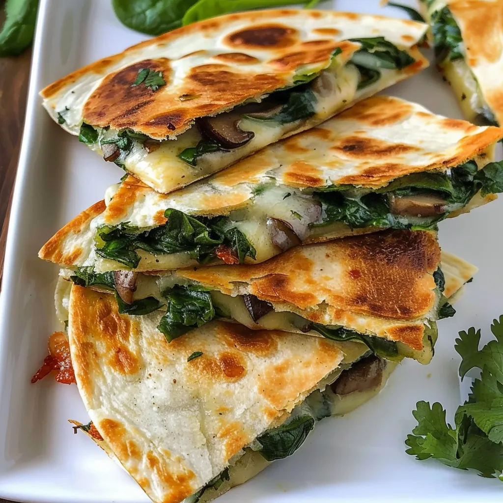Baked spinach mushroom quesadillas on a white plate.