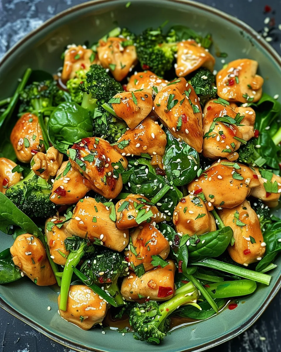 A plate of garlic chicken with broccoli and spinach.