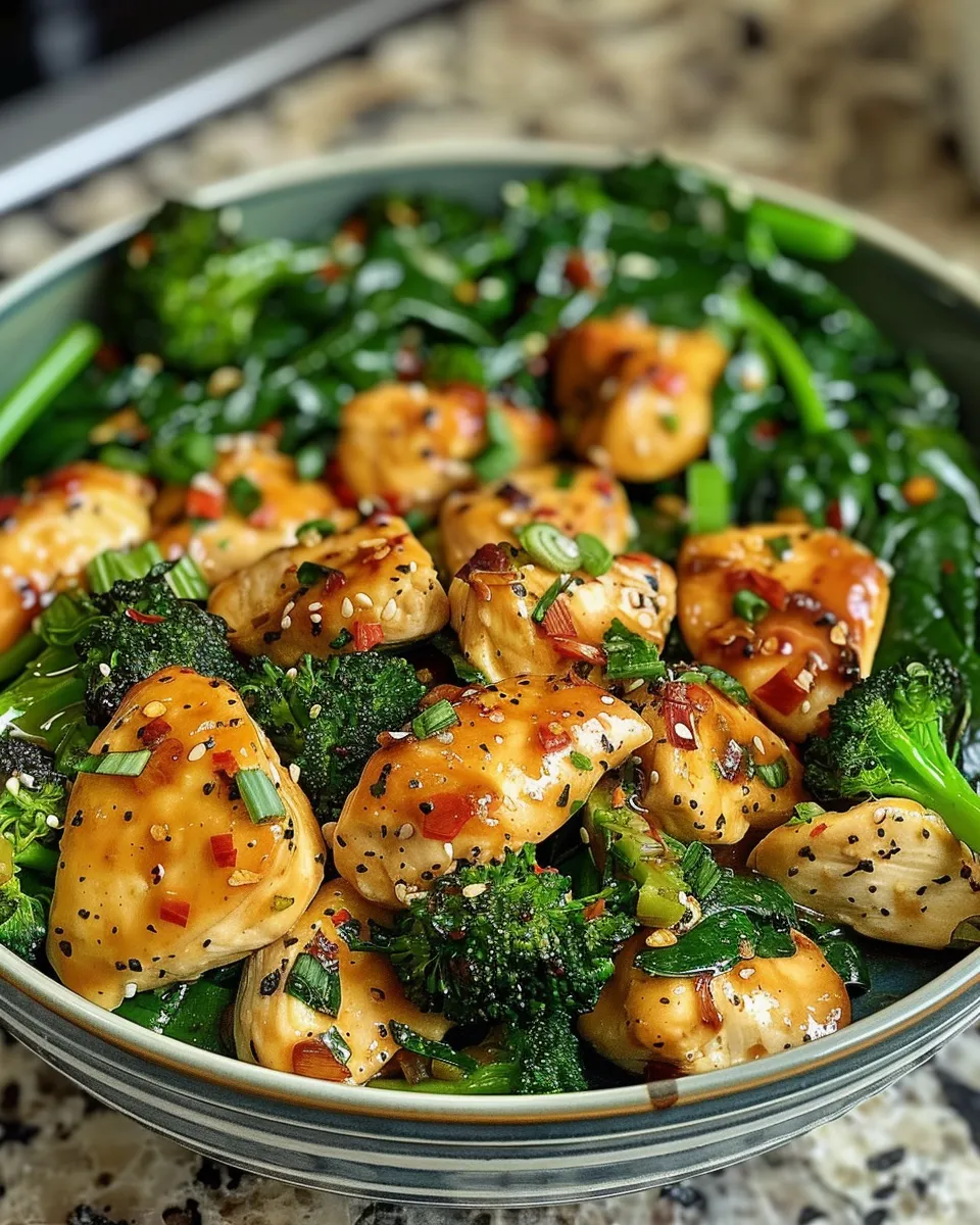 A bowl of garlic chicken with broccoli and spinach.
