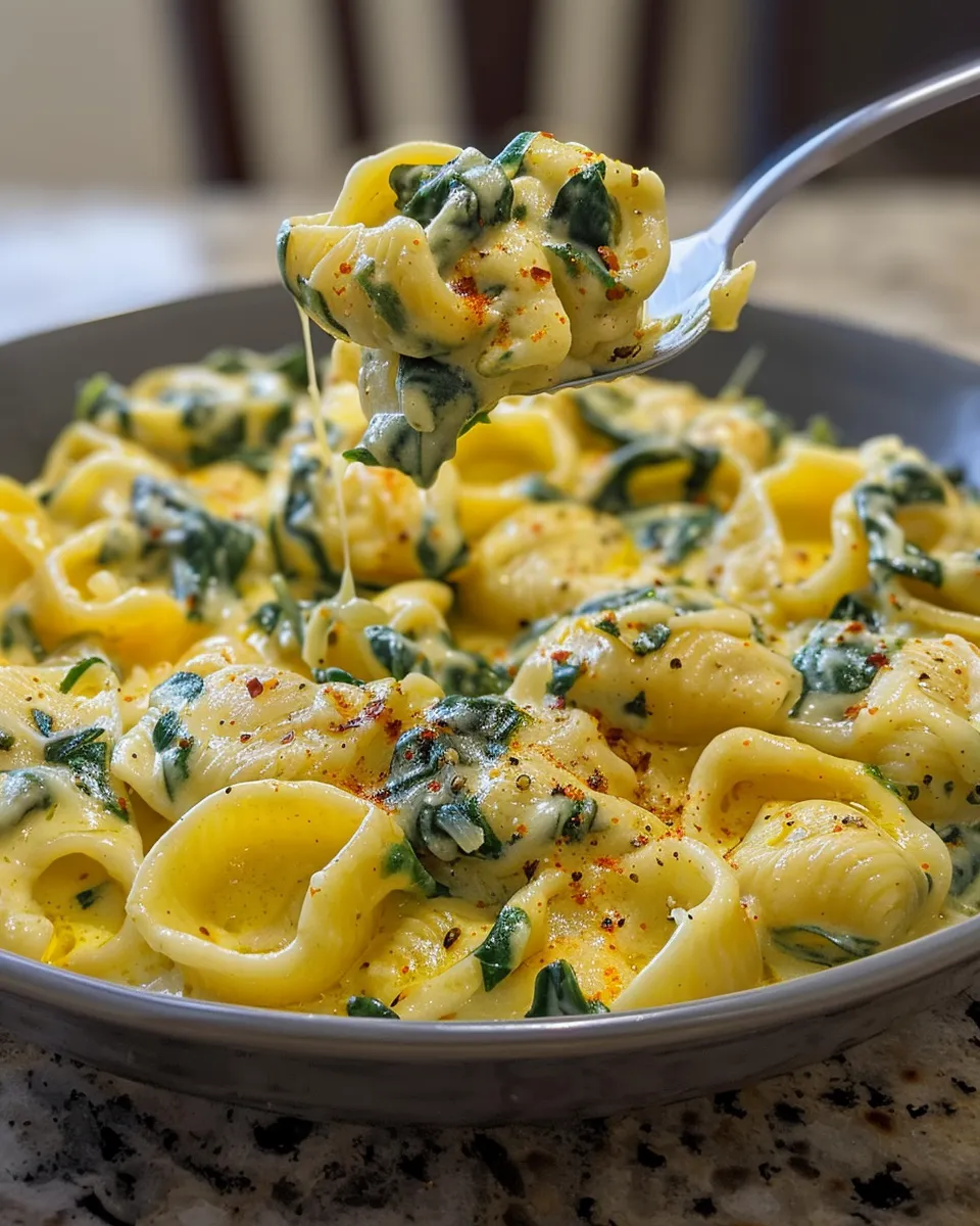 A bowl of creamy spinach tortellini.