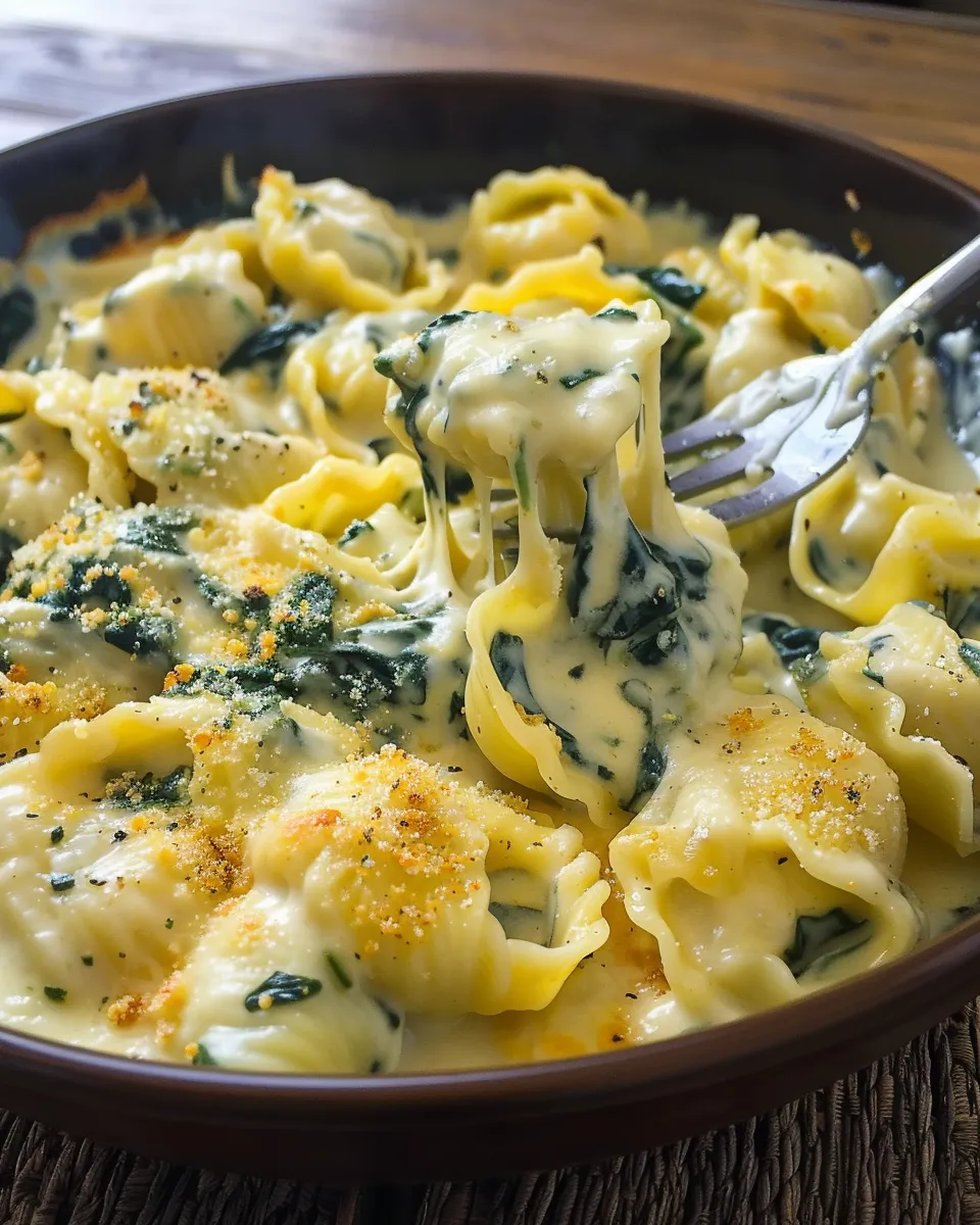 A bowl of creamy spinach tortellini.