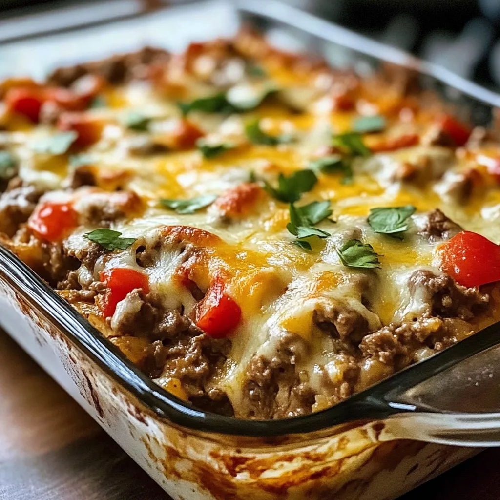 A close up of a low carb Philly cheesesteak casserole.