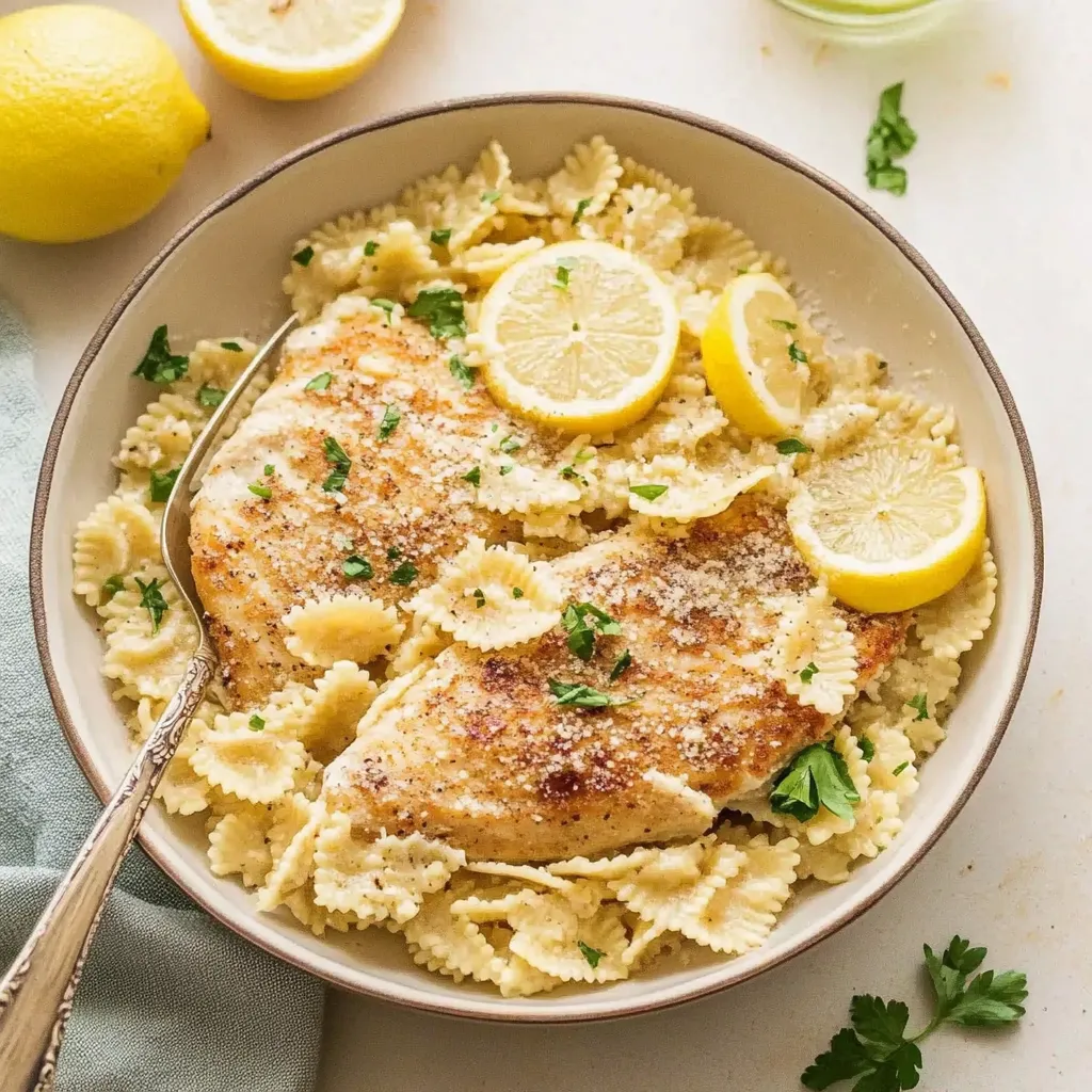 A bowl of pasta with lemon chicken and lemon wedges.