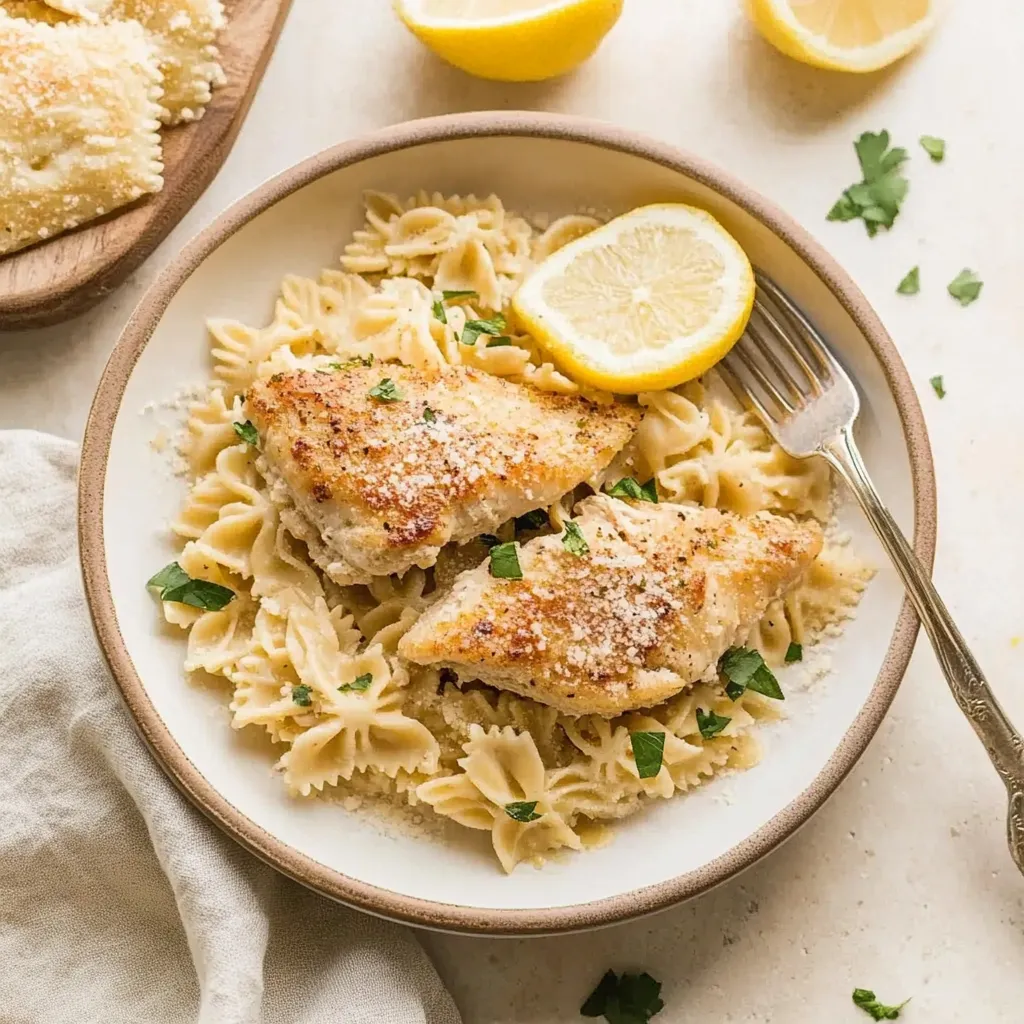 A plate of pasta with lemon chicken on top.