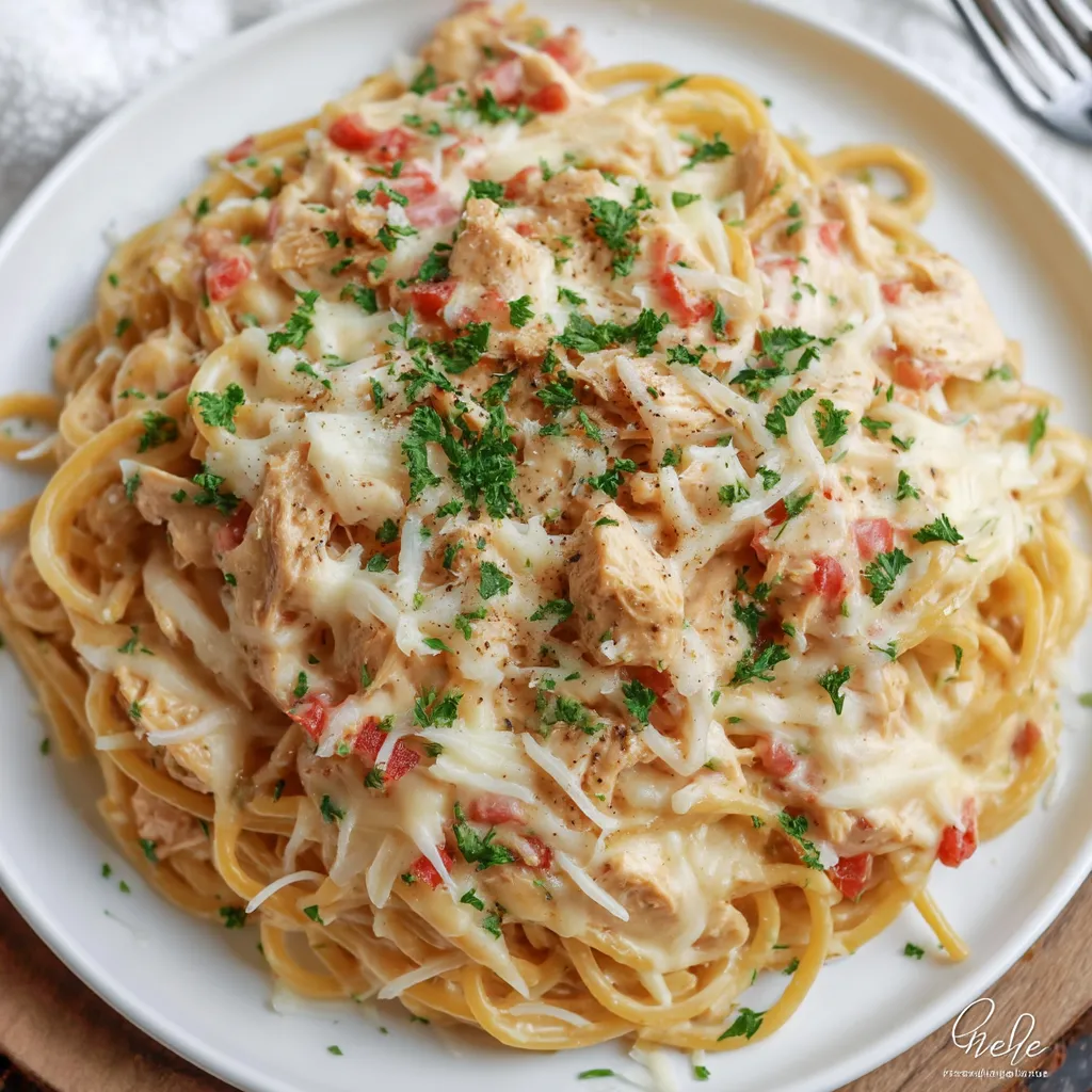 A plate of chicken spaghetti with tomatoes and cheese.