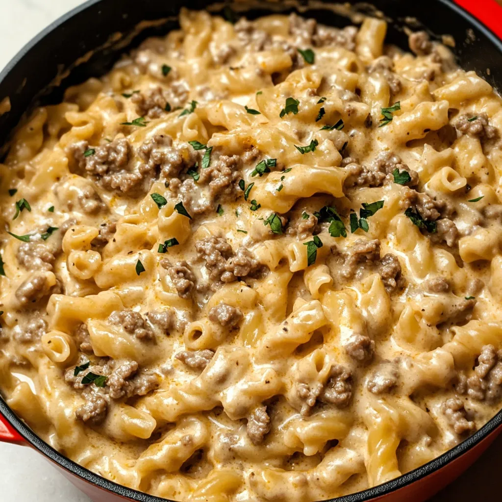 A bowl of creamy ground beef pasta.