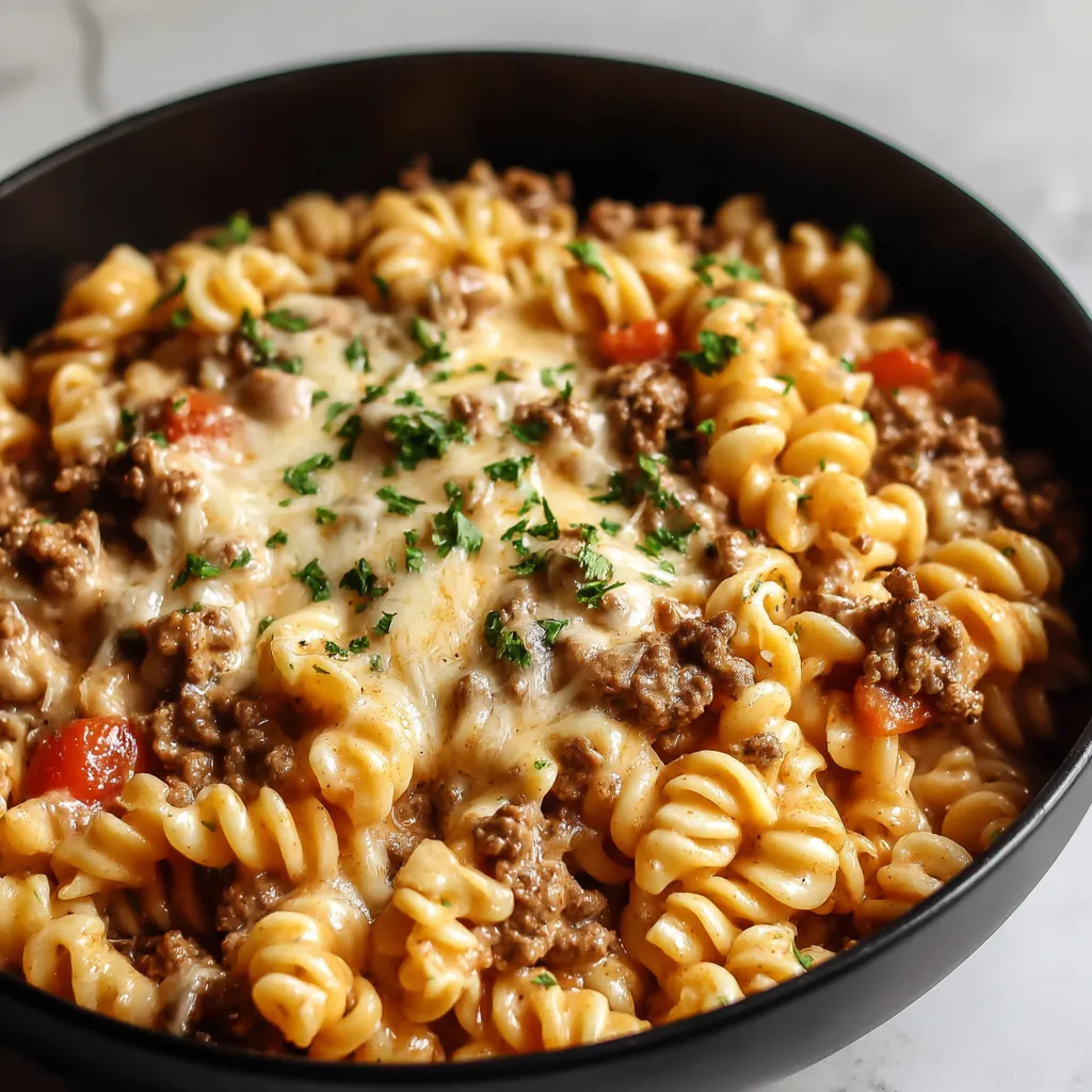 A bowl of pasta with meat and cheese.