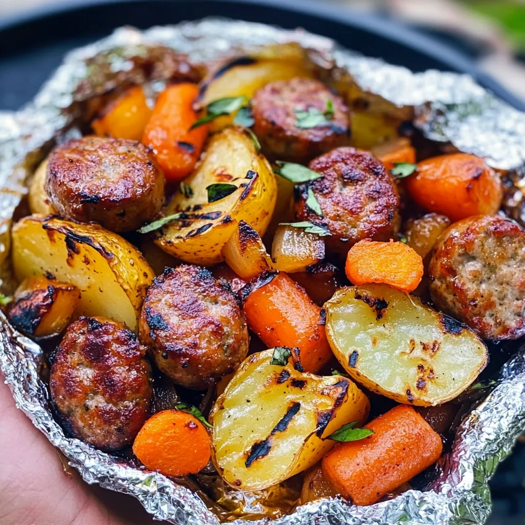 A hobo foil packet filled with meat and vegetables.