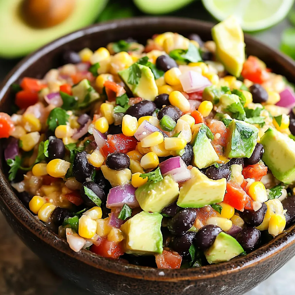 A bowl of cowboy caviar with black beans, corn, tomatoes, and avocado.