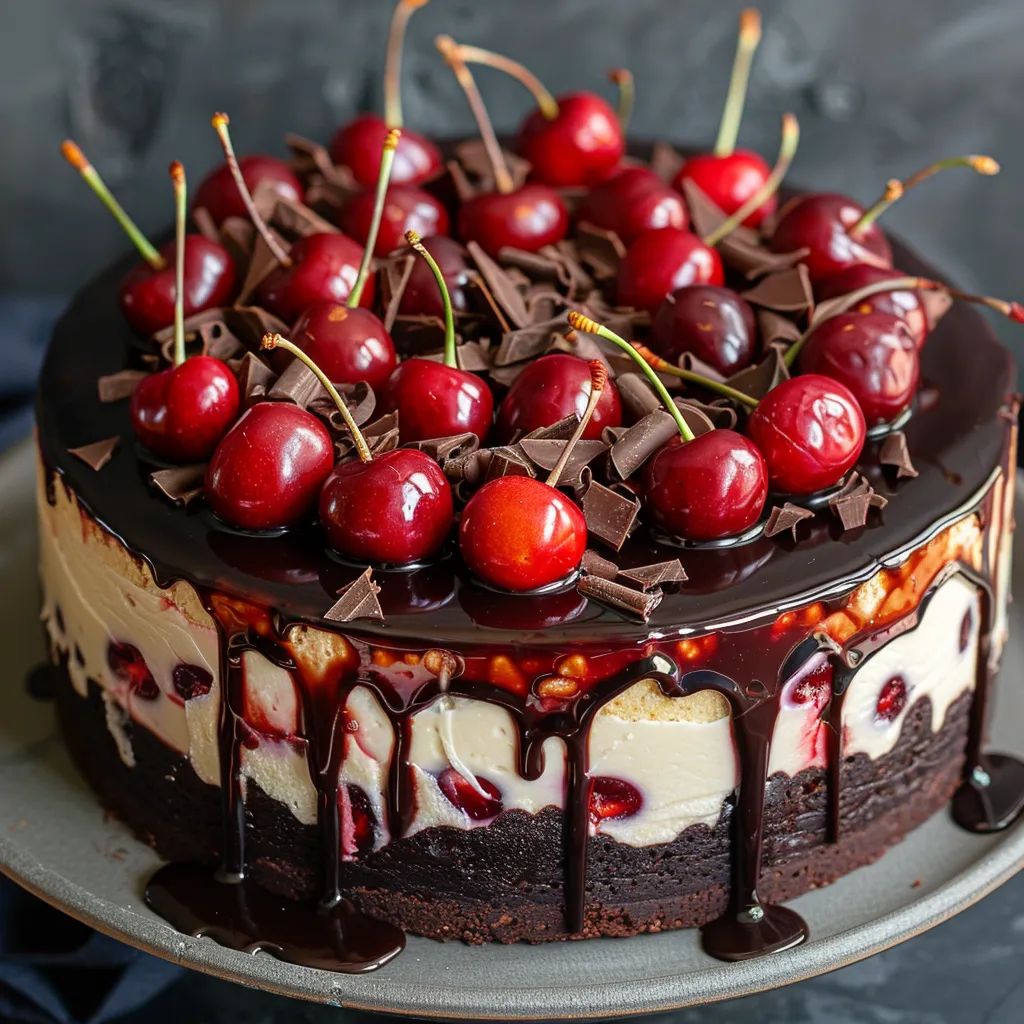 A slice of black forest cheesecake.
