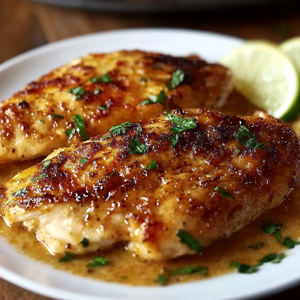 A plate of chicken with sauce and lime wedges.