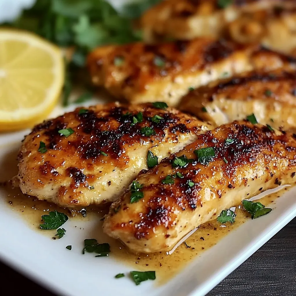 A plate of chicken with lemon and herbs.