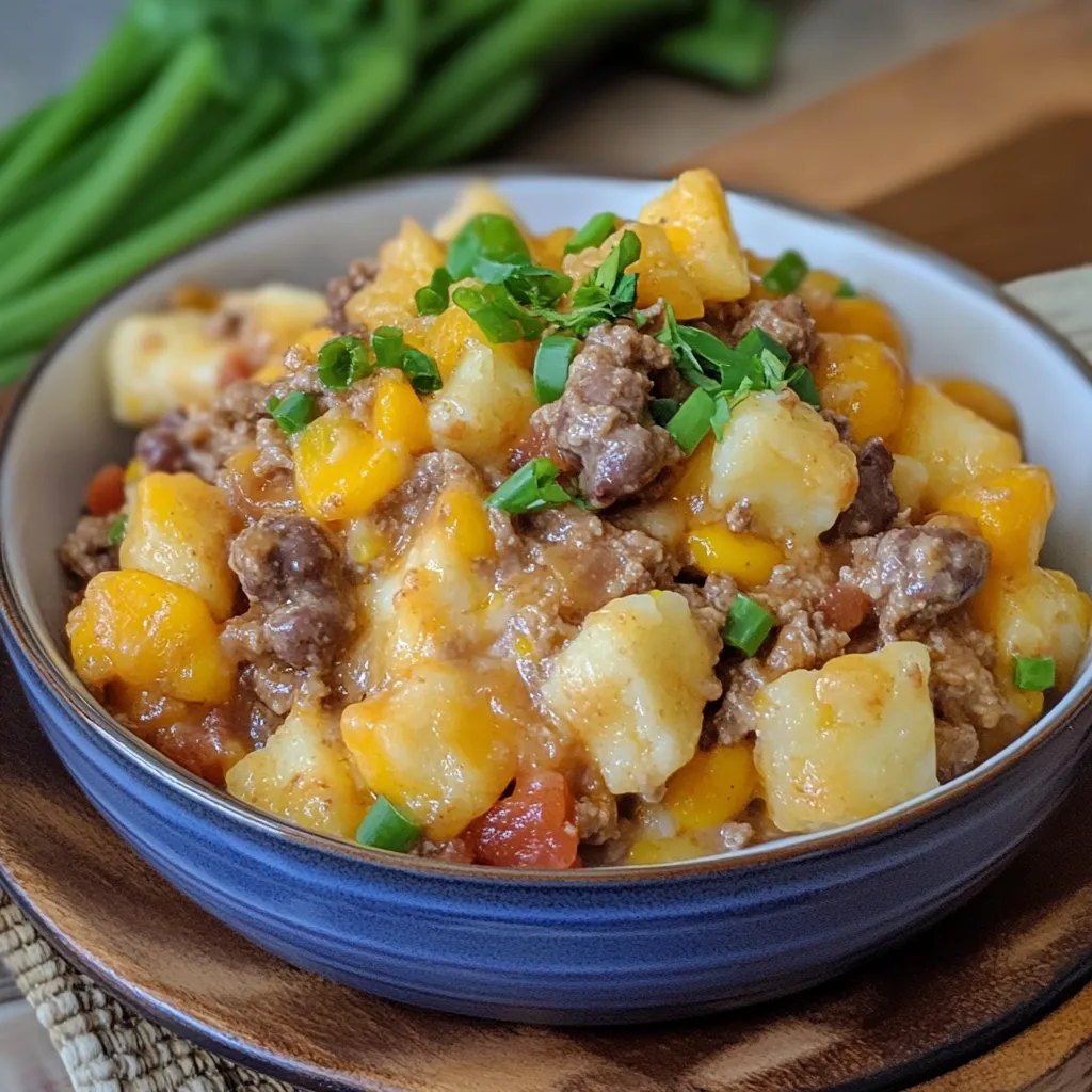 A bowl of slow cooker cowboy casserole.