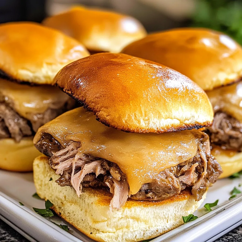 French dip sliders on a plate.