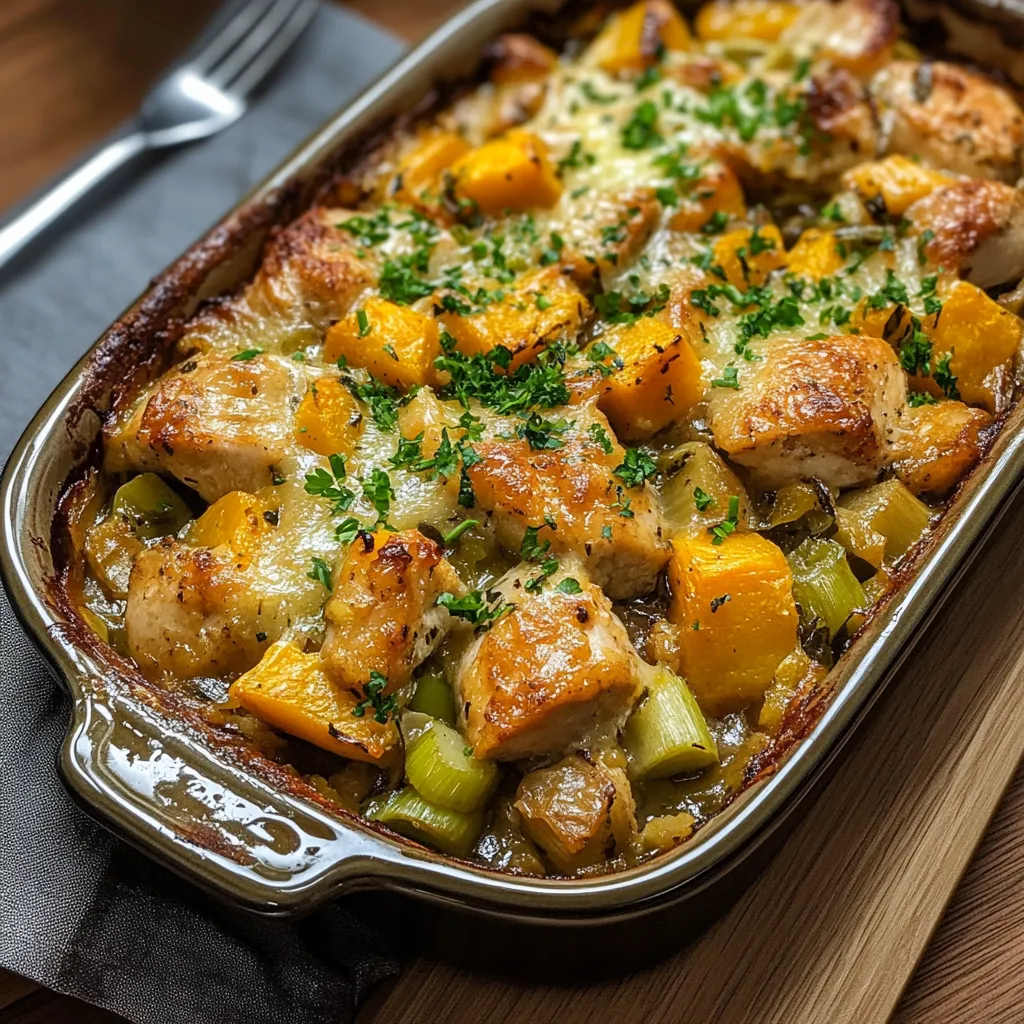 A baked dish with chicken, leek and butternut squash.