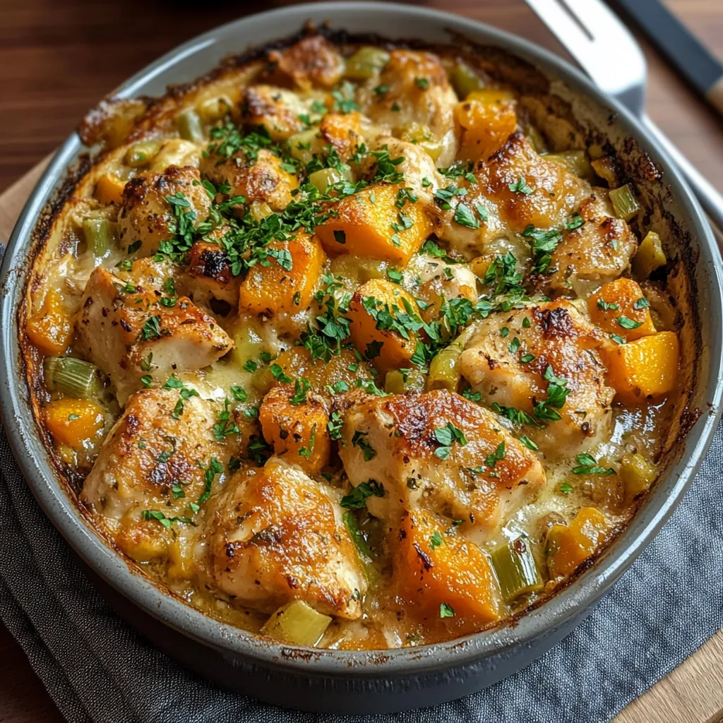 A baked dish with chicken, leek and butternut squash.