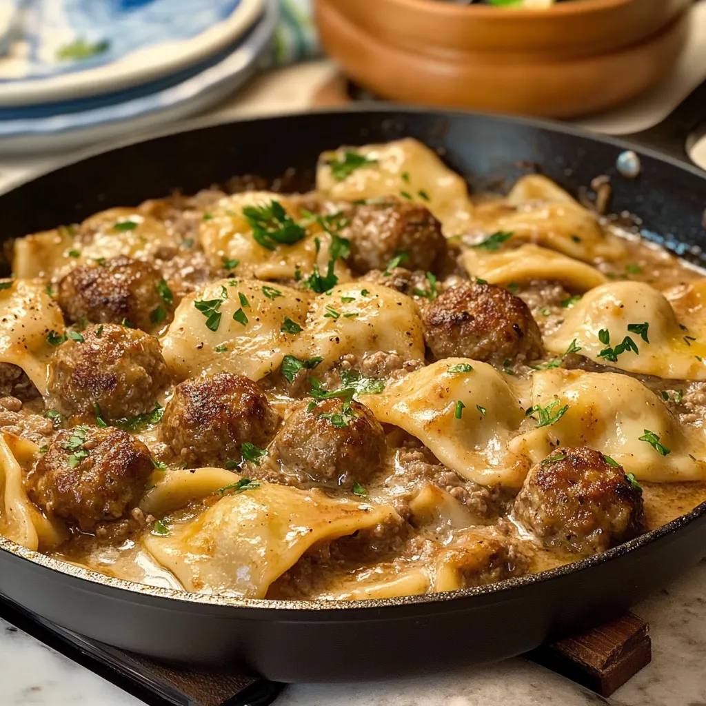 A skillet filled with meatballs and pasta.