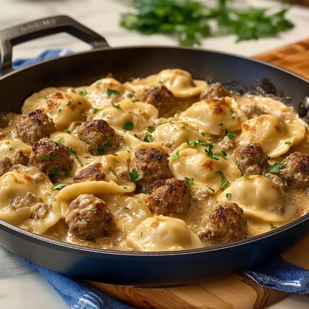 A skillet filled with meatballs and pasta.