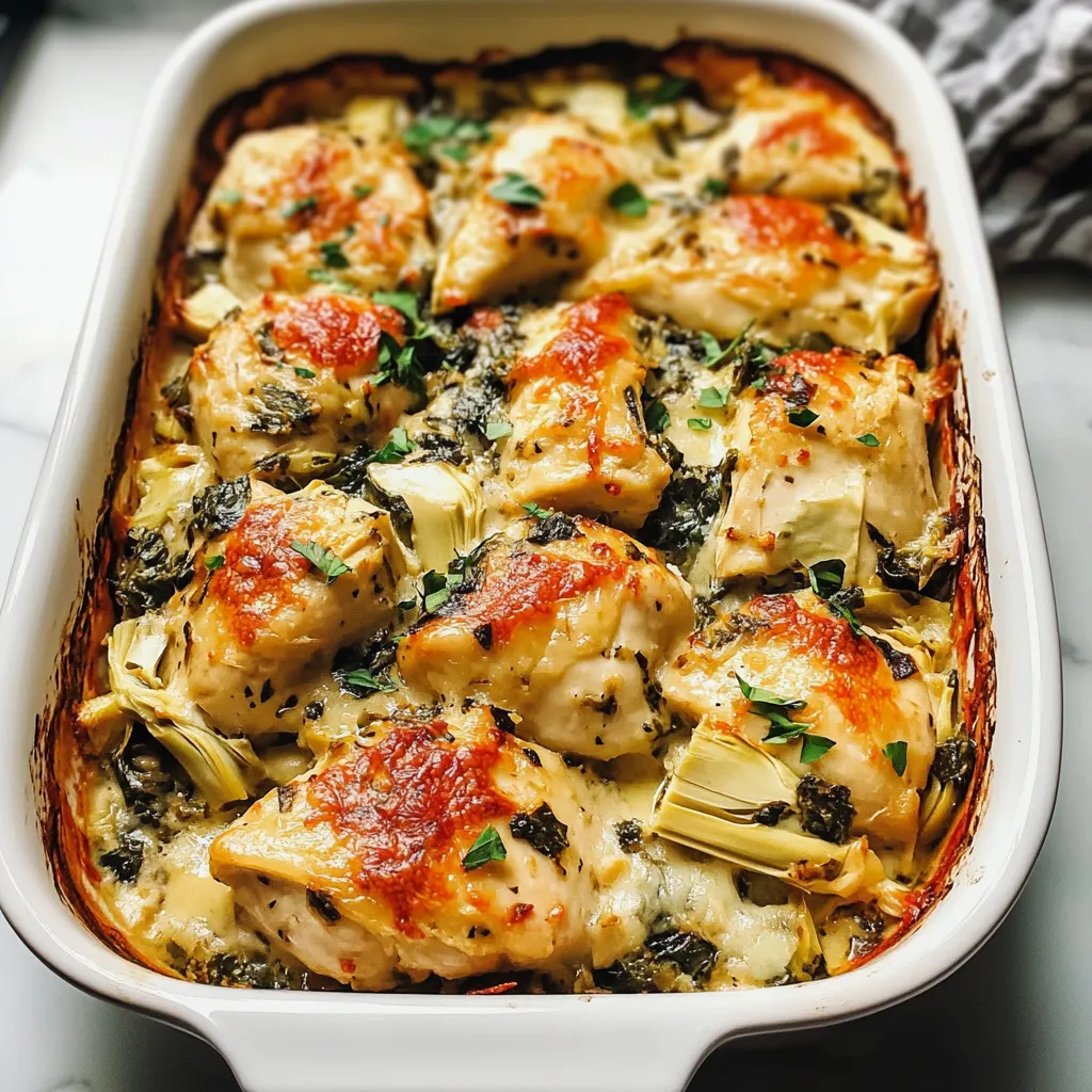A dish of spinach artichoke chicken bake.
