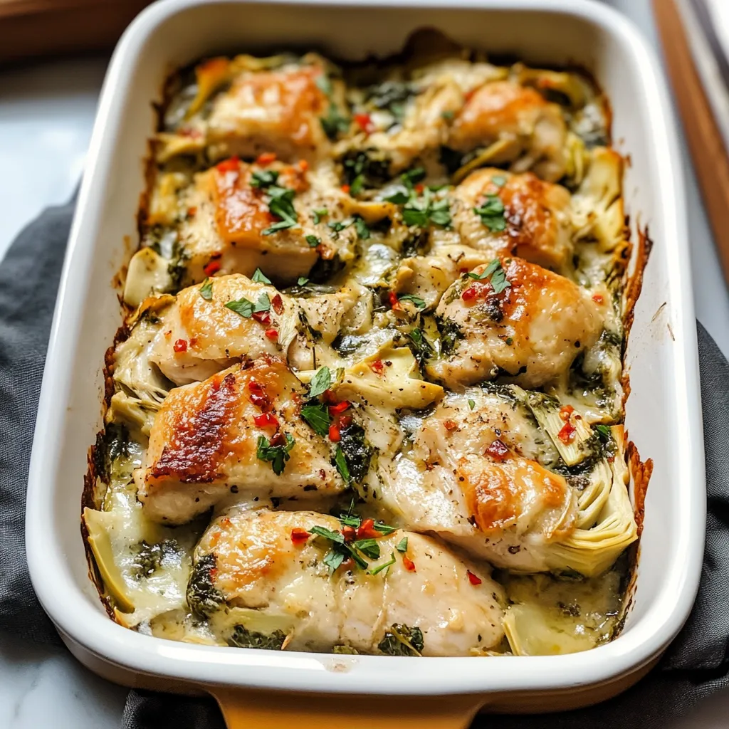 A dish of spinach artichoke chicken bake.