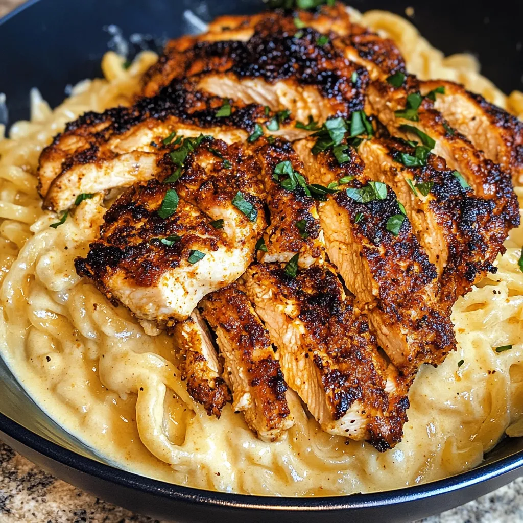 A bowl of blackened chicken alfredo.