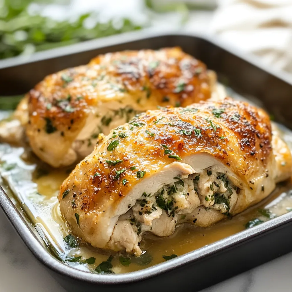 A pan of stuffed chicken breasts.