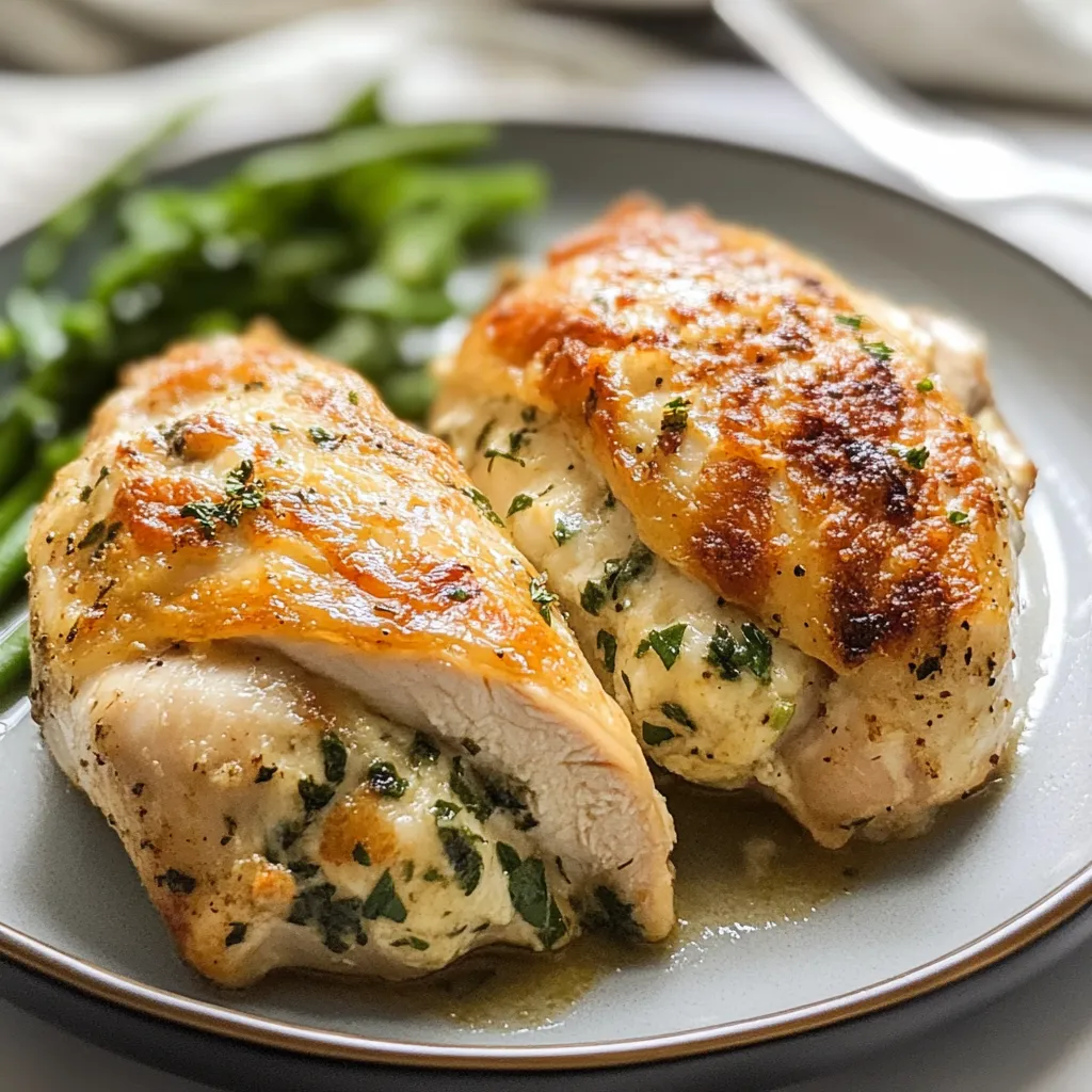 A plate of stuffed chicken breast with green vegetables.