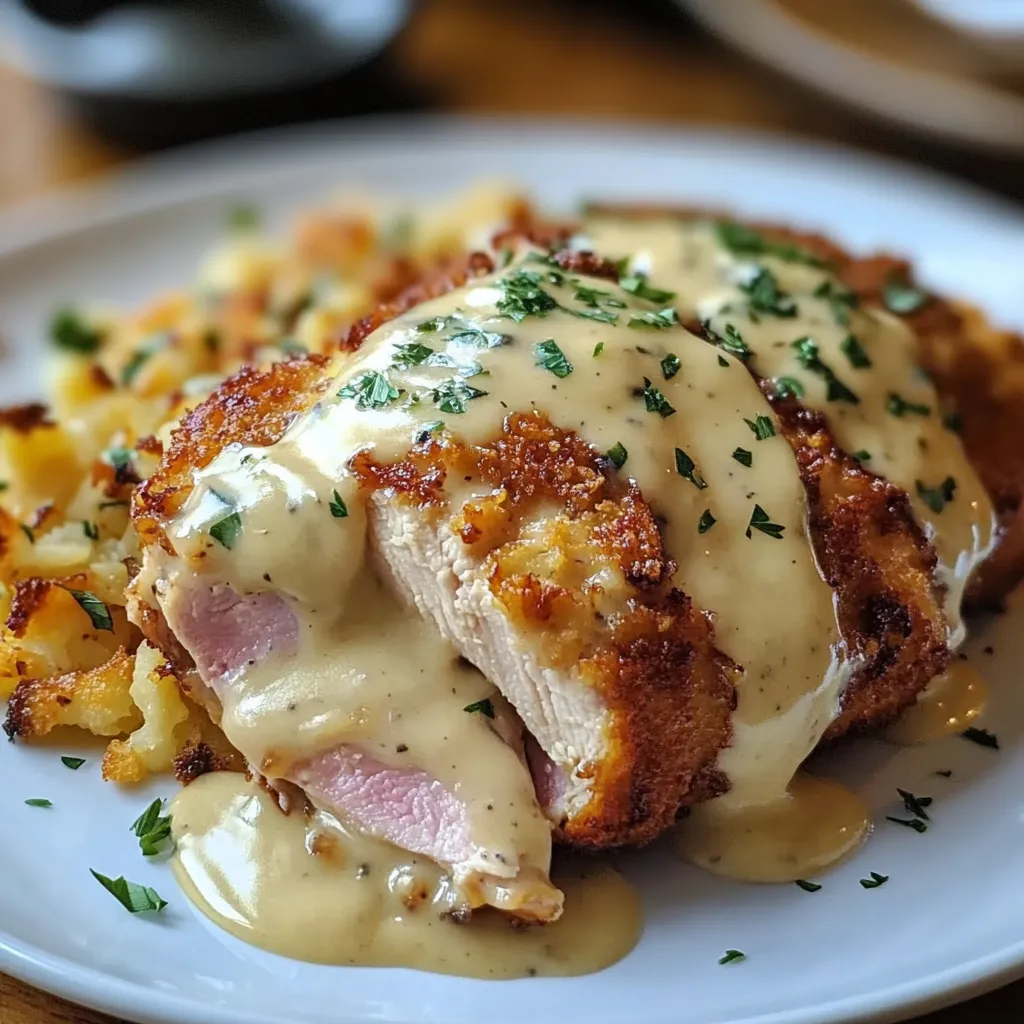 A piece of chicken cordon bleu on a plate.