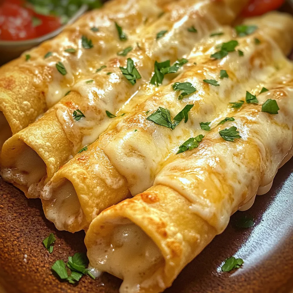 Golden cream cheese chicken taquitos served on a plate.