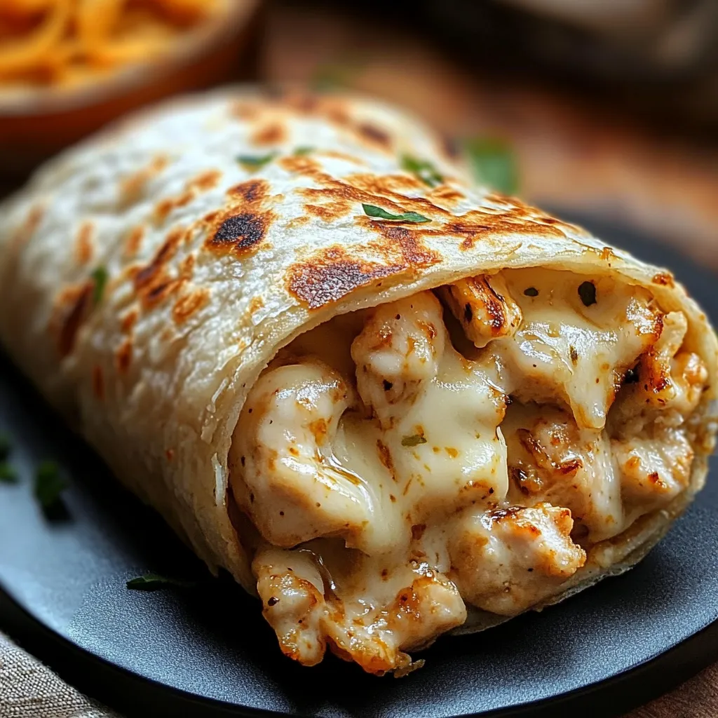 A golden garlic chicken wrap brimming with cheese on a plate.