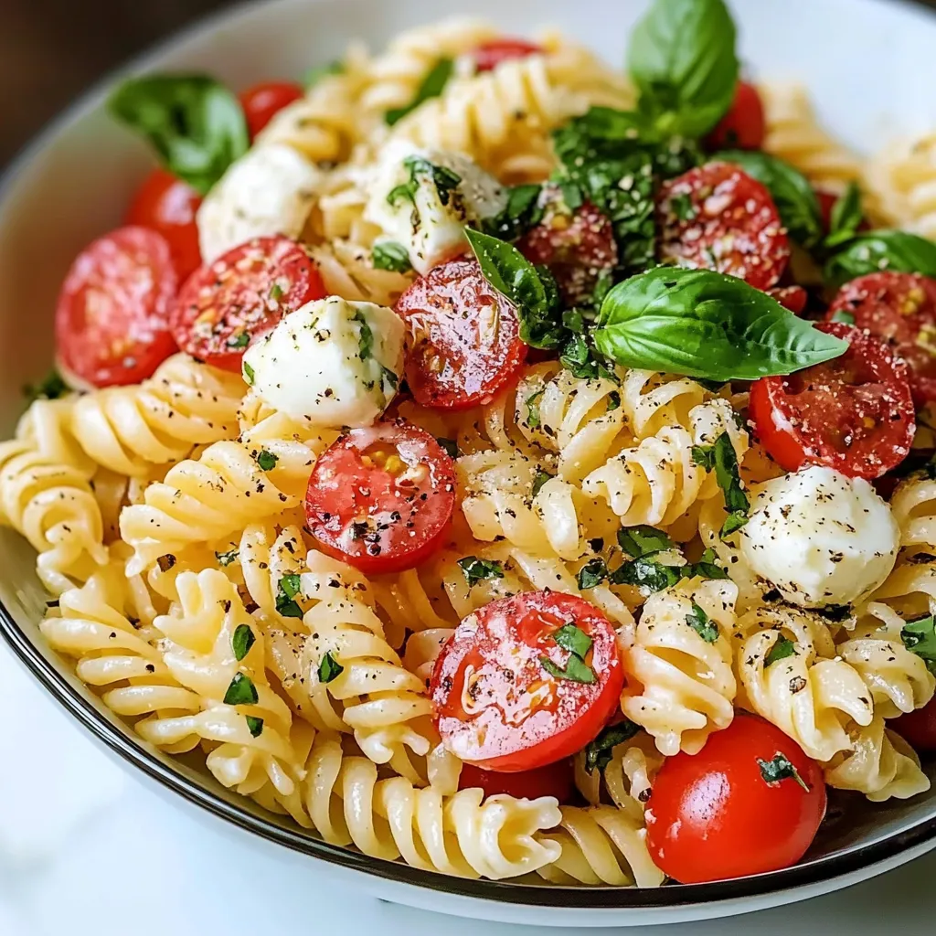 A bowl of pasta salad with tomatoes, cheese, and basil.