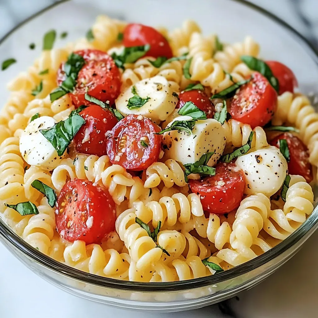 A bowl of creamy caprese pasta salad.