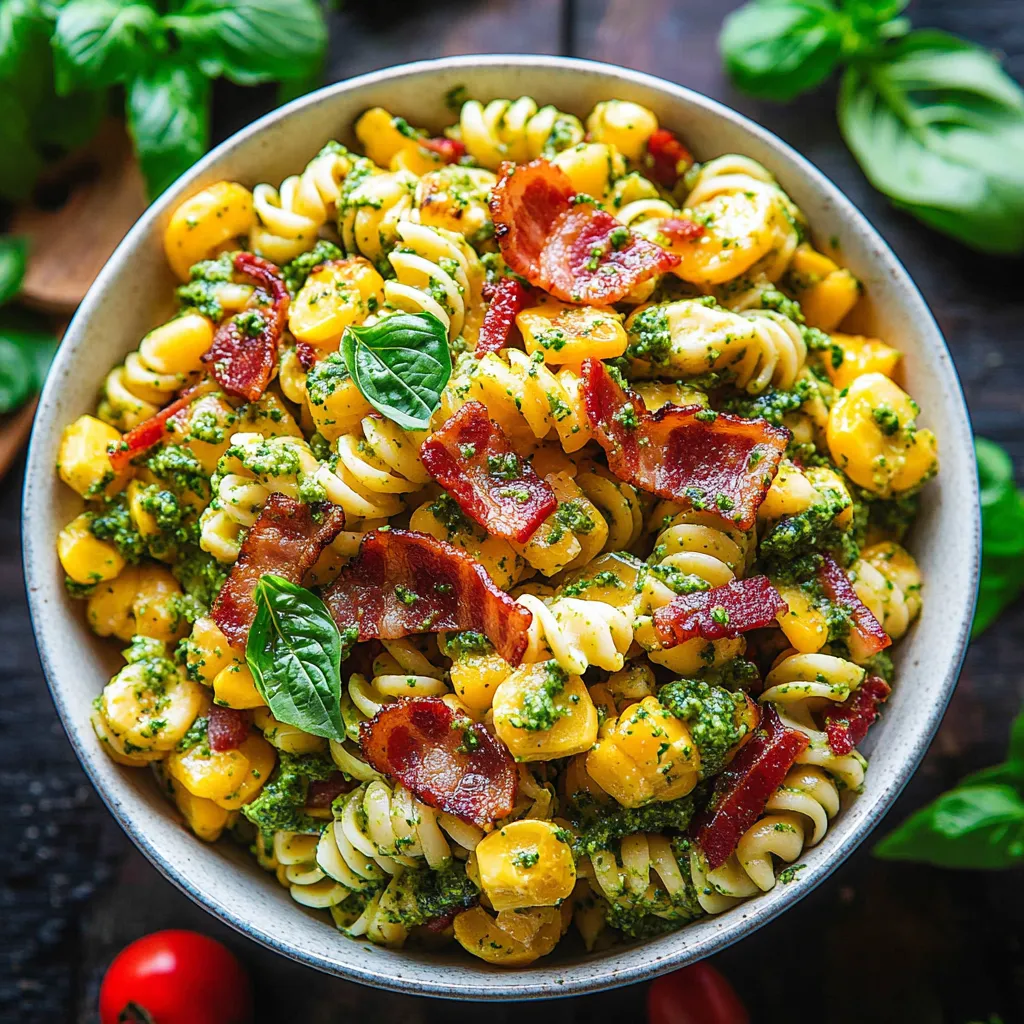 A bowl of pasta salad with bacon and pesto dressing.