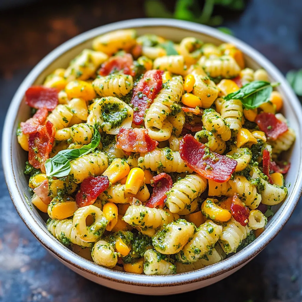 A bowl of pasta salad with bacon and pesto.