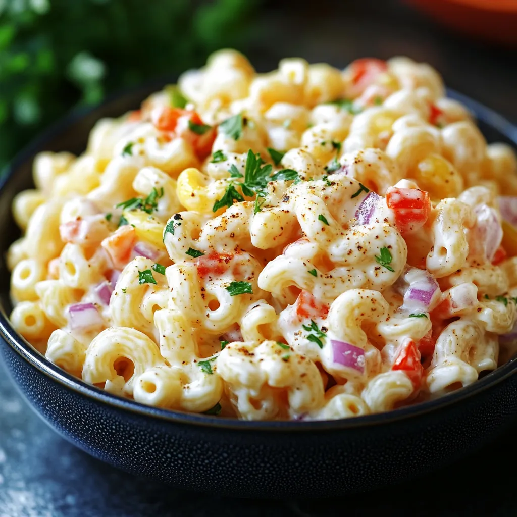 A bowl of macaroni salad with a spoon in it.