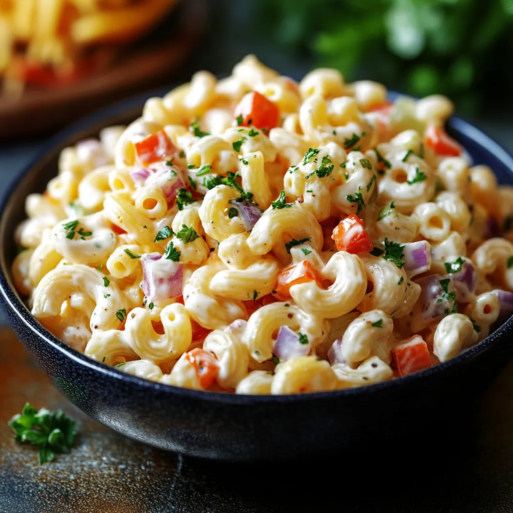 A bowl of macaroni salad with tomatoes and herbs.