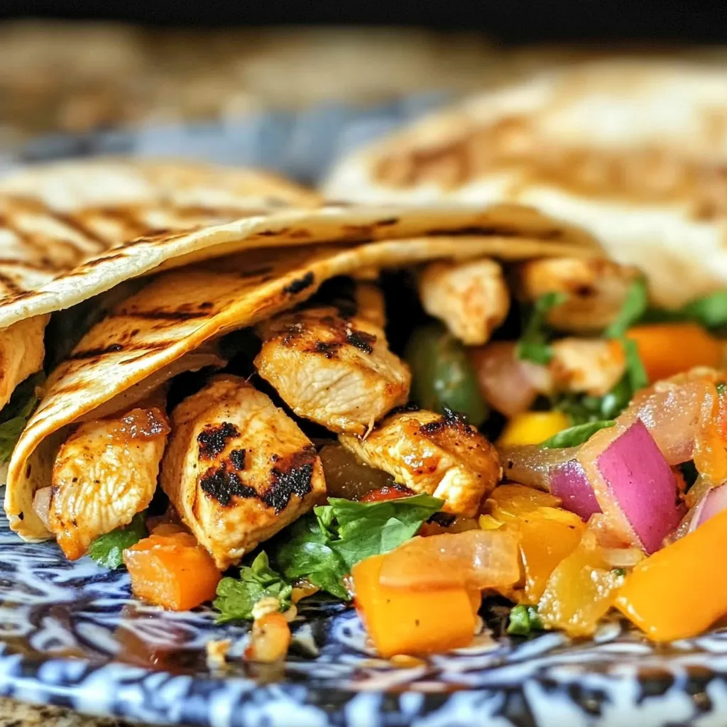 A grilled chicken fajita with peppers and onions.
